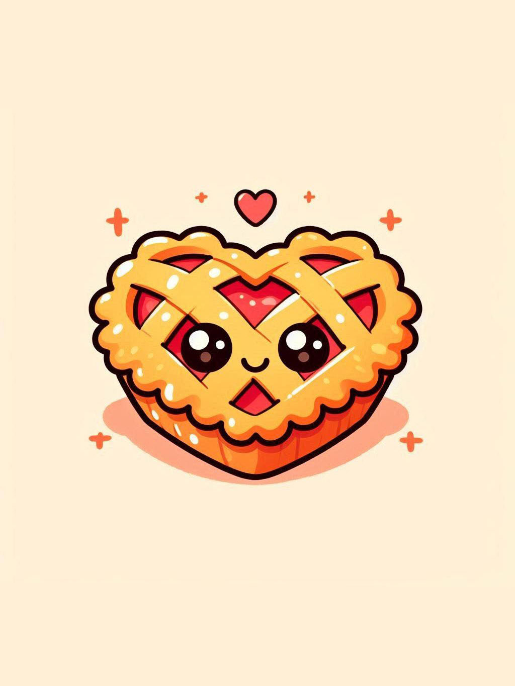Thanksgiving love drawing ideas with a heart-shaped apple pie featuring a cute face and lattice crust, surrounded by small hearts.